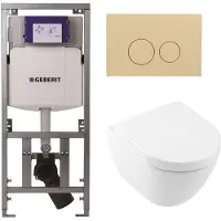 Villeroy & Boch Subway 2.0 Compact DirectFlush Toiletset - Geberit reservoir - softclose - quickrelease - bedieningsplaat beige - ronde knoppen - wit 0701131/1024232/SW1102365/1025456/