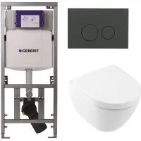 Villeroy & Boch Subway 2.0 Compact DirectFlush Toiletset - Geberit reservoir - softclose - quickrelease - bedieningsplaat mat antraciet - ronde knoppen - wit 0701131/1024232/SW1102376/1025456/