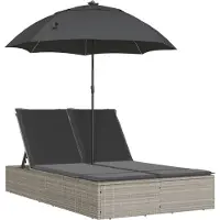 vidaXL Ligbed 2-persoons met kussens en parasol poly rattan lichtgrijs