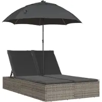 vidaXL Ligbed 2-persoons met kussens en parasol poly rattan grijs