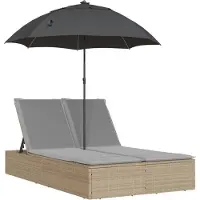 vidaXL Ligbed 2-persoons met kussens en parasol poly rattan beige