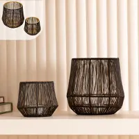 GADGY Waxinelichthouder Rond - Theelichthouders Set van 2 - Sfeerverlichting binnen - Kaarsenhouders voor Waxinelichten - Rattan - Groot 15,5x16 cm - Klein 9x10 cm