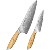 HEZHEN X01 Flagship Series – Professionele Messenset (2-delig) - Damascus staal (73 laags met poederstalen kern van 14Cr14MoVNb) - Olijfhout - Vlijmscherpe damastmessen - Inclusief mooie geschenkdoos