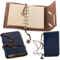 Travel Vintage Lederen Notitieboek met Windroos 15x10CM - Blauw - Schetsboek Notebook - Cadeau idee - Blanco Papier - Journal Reis Dagboek Retro