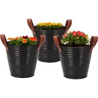 DK Design Plantenpot/bloempot emmer Leather- 3x - zink - zwart - D16 x H15 cm