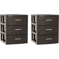 PlasticForte 2x stuks ladeblok/bureau organizer met 3 lades rotan bruin 39,5 x 36,5 x 46,5 cm - Ladeblokken kantoorartikelen