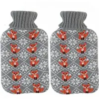 Home & Styling Warmwaterkruik - 2x - 2L - grijs - met hoes - kruik - winter print - vos - bedkruik