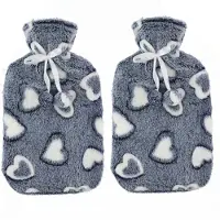 Home & Styling Warmwaterkruik - 2x - 2L - grijs/wit - met hoes - kruik - hartjes print