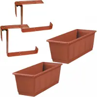 Geli Set van 2 kunststof plantenbakken terracotta rechthoekig 40 cm met 4 verstelbare railing balkonbeugels