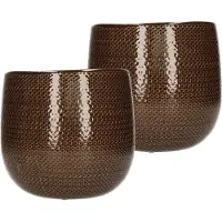 Mica Decorations Set van 2x stuks keramiek aardewerk bloempotten van 19 x 21 cm in het geribbeld donkerbruin - plantenpotten