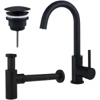 FortiFura Calvi Wastafelkraanset - hoge wastafelkraan - draaibare uitloop - always open plug - design sifon - Mat zwart SW809347/SW696205/SW696210