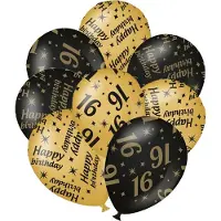 Paper Dreams Verjaardag ballonnen - 16 jaar en happy birthday 12x stuks zwart/goud
