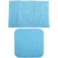 MSV Douche anti-slip mat en droogloop mat - Sevilla badkamer set - rubber/microvezel - lichtblauw - Badmatjes