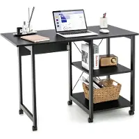 Costway SureDeal - Bureau - Inklapbaar - Hout - 2 Opbergplanken - Wielen - Ruimtebesparend - 107,5x54x77 cm - Gaming - Bureau - Slaapkamer - Kantoor