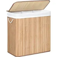 Songmics Hoppa! Songmics Wasmand, 150l, Wasbox Met Deksel, Wassorteermachine, Van Bamboe, Met Handvatten, 3 Compartimenten, Opvouwbaar, Katoen, Waszak