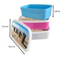 MuchoWow Broodtrommel Roze - Lunchbox Zand - Strand - Paal - Water - Zomer - Brooddoos 18x12x6 cm - Brood lunch box - Broodtrommels voor kinderen en volwassenen
