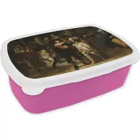 MuchoWow Broodtrommel Roze - Lunchbox De Nachtwacht - Kunst - Oude meesters - Rembrandt - Brooddoos 18x12x6 cm - Brood lunch box - Broodtrommels voor kinderen en volwassenen