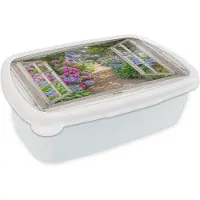 MuchoWow Broodtrommel Wit - Lunchbox Hortensia - Doorkijk - Bloemen - Zomer - Paars - Pad - Brooddoos 18x12x6 cm - Brood lunch box - Broodtrommels voor kinderen en volwassenen