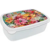 MuchoWow Broodtrommel Wit - Lunchbox Bloemen - Kleurrijk - Kunst - Olieverf - Brooddoos 18x12x6 cm - Brood lunch box - Broodtrommels voor kinderen en volwassenen