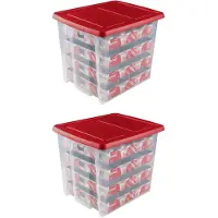 Sunware Set van 2 - Nesta kerst opbergbox 45L met trays voor 64 ballen transparant rood