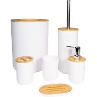 Intirilife badkameraccessoireset van bamboe en kunststof in wit - 6-delige set tandenborstel tuimelaar zeepbakje zeepdispenser toiletborstel met houder en afvalbakje