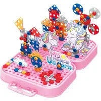 Eddy Toys Bouwset met Bouwdoos incl Speelgoed Boormachine - Constructiespeelgoed met 228 Onderdelen - Eenhoorn Puzzel - Montessori Speelgoed Insteek Mozaiek - Educatief Speelgoed