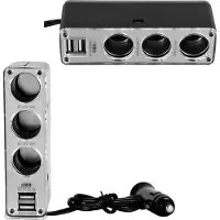 Discountershop 5-in-1 Autolader USB Splitter met 2 Poorten en 3 12V Verdeelpunten - 50cm Kabel, Zwart, 3.1A