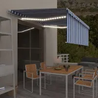 The Living Store Buitendecoratie - Zonwering - Luifel handmatig uittrekbaar met rolgordijn LED 4x3 m blauw wit - Terrasoverkapping - Luifel - Parasol