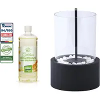 Esschert Design Fancy Flames Bioethanol sfeerhaard zwart rond glas 27x16cm met decoratiestenen + 1 liter KieselGreen Bioethanol premium geurloos