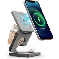 NEXGEN 3 in 1 Draadloze Oplader - 15W Snellader - Geschikt voor MagSafe - Opvouwbaar Oplaadstation - Wireless Charger - Grijs