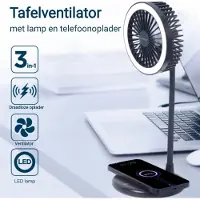 Gmb 3-in-1 Tafelventilator - Qi draadloze oplader 10W - LED Verlichting - 3 snelheden en verlichting - USB Ventilator- Handventilator -Bureau Ventilator - Mini Ventilator - Tafel ventilator - Zwart