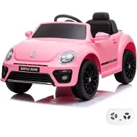 Vrooomy Volkswagen Beetle Elektrische Kinderauto 12V (1–4 jaar) – Officieel gelicenseerd, met afstandsbediening, EVA-banden en lederen stoel – Elektrisch kinderauto – Roze