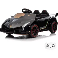 Vrooomy Lamborghini Veneno kinder elektrische auto, 12V (1-6 jaar) – Officieel gelicenseerd, met afstandsbediening, 4 motoren, EVA-banden en lederen stoel – Elektrische kinderauto, zwart