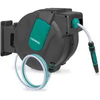 Vonroc Wandslangenbox – Incl. 35m tuinslang, aansluitslang, spuitstuk, koppelingen & kraanaansluiting – Automatisch oprolsysteem