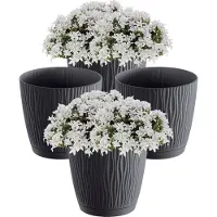 Prosperplast Plantenpot/Bloempot Waves - 4x - kunststof - antraciet - D13 x H12 cm - binnen/buiten - met opvangschaal