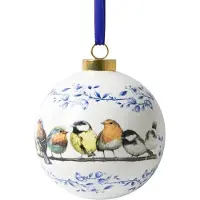 Heinen Delfts Blauw Porseleinen kerstbal met bosvogeltjes Kersthanger 8 cm doorsnee