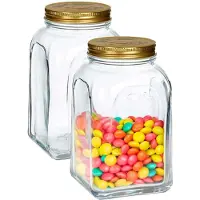 Pasabahce Voorraadpot/bewaarpot Square - 2x - glas - 1,5L - transparant/goud - 10 x 19 cm - luchtdicht