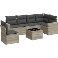 vidaXL 7-delige Loungeset met kussens poly rattan lichtgrijs