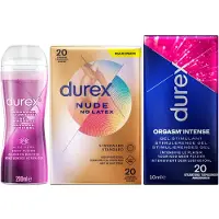 Durex - Nude No Latex Condooms 20 Stuks, Play Massage Gel 2 In 1 Aloë Vera 200 Ml & Orgasm Intense Play Glijmiddel 50 Ml - Pakket