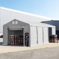 TOOLPORT Opslagtent 5x10m met ophijsbare deur - 3,0m zijwandhoogte, PVC 850, met grondframe, grijs, zonder statica (zekerheidspluspakket)
