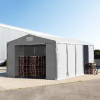 TOOLPORT Opslagtent 8x10m met ritssluitingen - 3,6m zijwandhoogte, PVC 850, met grondframe, grijs, zonder statica (zekerheidspluspakket)