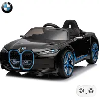 Vrooomy BMW i4 elektrische kinderauto, 12V (voor kinderen van 1 tot 6 jaar) – Officieel gelicenseerd, met afstandsbediening, EVA-banden, 2 motoren en veiligheidsgordel (3-punts). Elektrische kinderauto, zwart