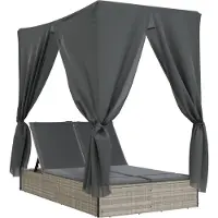 vidaXL Ligbed tweepersoons met dak en gordijn poly rattan lichtgrijs