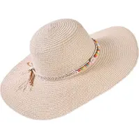 Decopatent - Zonnehoed Dames - Ibiza Style - Zomerhoed met Schelpen en Kralen - Strohoed UV - Strandhoed Hoofddeksel met Brede rand - Hoed voor Volwassenen - Kleur: Naturel