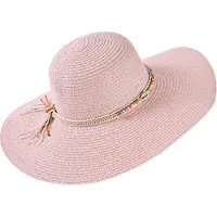 Decopatent - Zonnehoed Dames - Ibiza Style - Zomerhoed met Schelpen en Kralen - Strohoed UV - Strandhoed Hoofddeksel met Brede rand - Hoed voor Volwassenen - Kleur: Licht Roze
