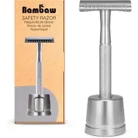 Bambaw Metalen Scheermes met Standaard – Scheermesjes mannen vrouwen – Safety Razor Mannen – Safety Razor voor vrouwen – Voor Double Edge Mesjes - Zilver
