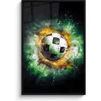 PosterMonkey Poster in lijst - Fotolijst 80x120 cm - Posters - Bal - Voetbal - Groen - Oranje - Rook - Posterlijst zwart - Wanddecoratie tienerkamer - Kamer decoratie voor tieners - Tiener jeugdkamer accessoires