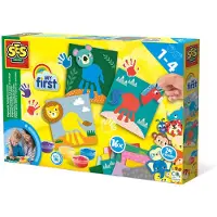 SES Creative - My First - Vingerverf Handafdruk Dieren - 4 kleuren - met 16 vingerverf kaarten en stickers - Glutenvrij- Makkelijk Uitwasbaar - 1 tot 4 jaar