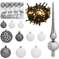 vidaXL 60-delige Kerstballenset met piek en 150 LED's wit en grijs