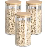 Zeller Voorraad/bewaar pot Grooves - 3x - hard glas - transparant - 800 ml - bamboe deksel - luchtdicht